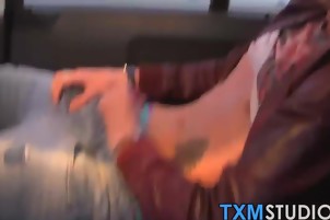 Cute twink wanks his hard spear while driving in a car