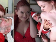 Sexy redhead riding Santa clau's cock and makes him cum hardcore